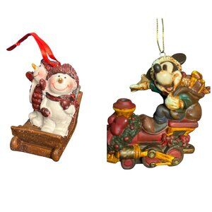 Snowman & Mickey Mouse Holiday Ornaments Set Of 2 Resin Christmas Figurines